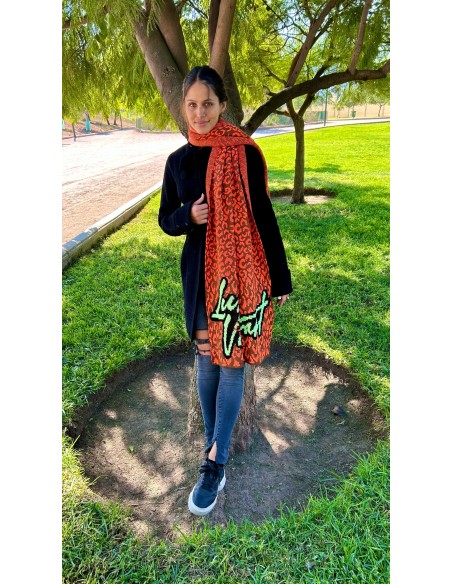 BUFANDA LUZ VIBRANT COQUETTE LEOPARDO CAFÉ- NARANJO NEÓN